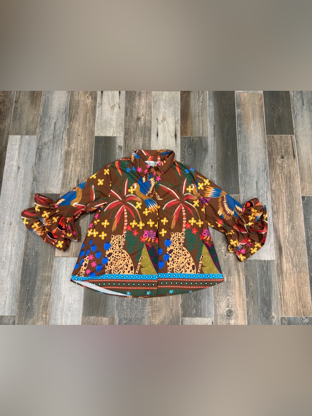Dalin. Funky Tropical Jungle Aztec Print Art to Wear Statement Blouse Large